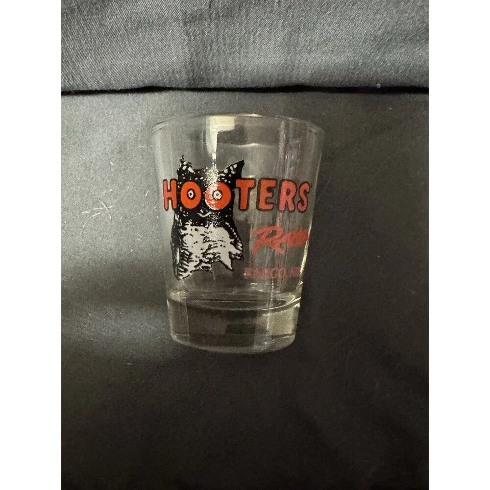 Vintage Hooters Racing Fargo, ND Shot Glass Souvenir Owl Logo Barware
